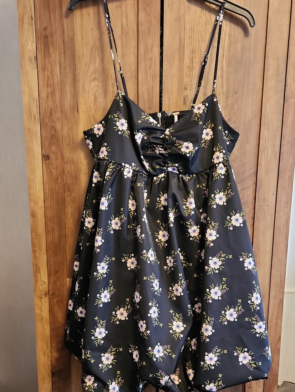 Free People Black Spaghetti Strap Mini Bubble Balloon Dress With Floral Accents